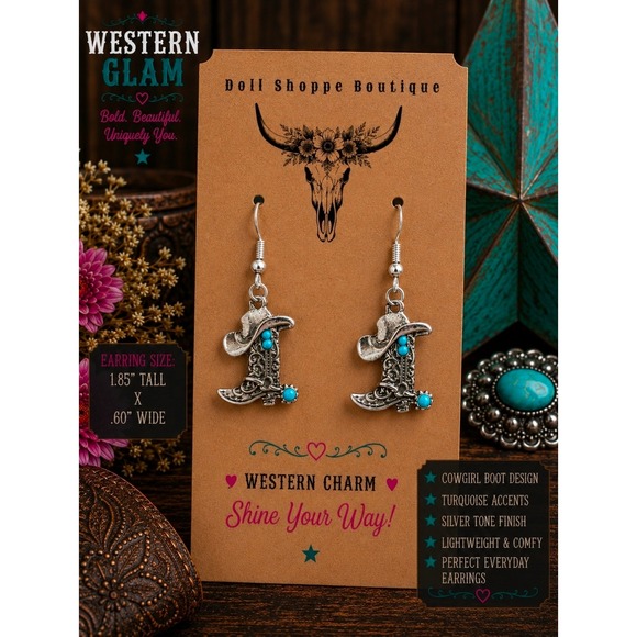 Jewelry - Turquoise Cowgirl Boot Dangle Earrings Western Rodeo Jewelry